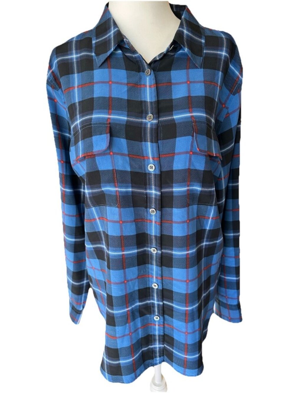 Equipment Femme Plaid Silk Blouse Sz Large Long Sleeves Blue